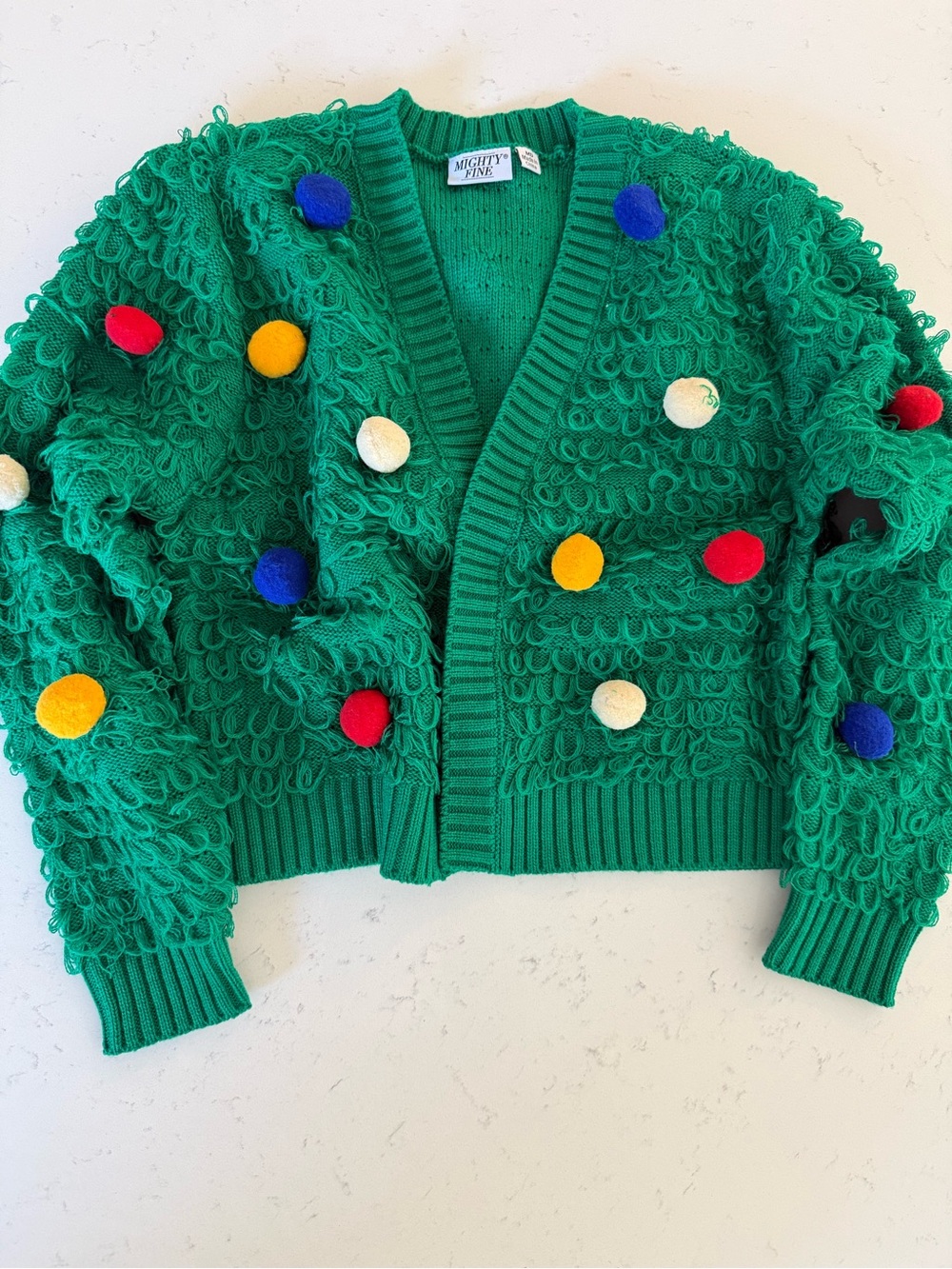 Festive Green Loop-Knit Cardigan with Colorful Pom-Poms